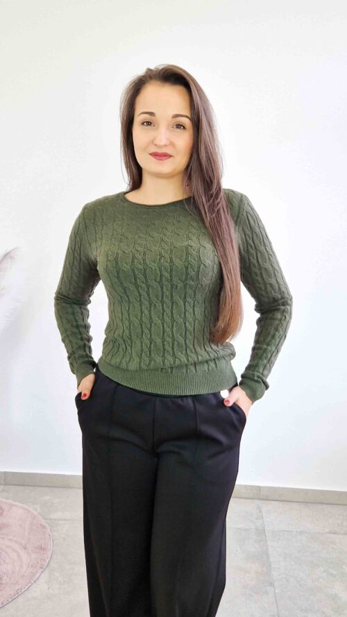 Sweter Damski ze Splotem Warkocz Długi Rękaw Oliwkowy