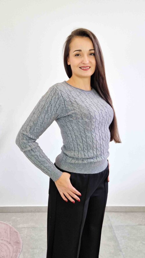 Sweter Damski ze Splotem Warkocz Długi Rękaw Popielaty