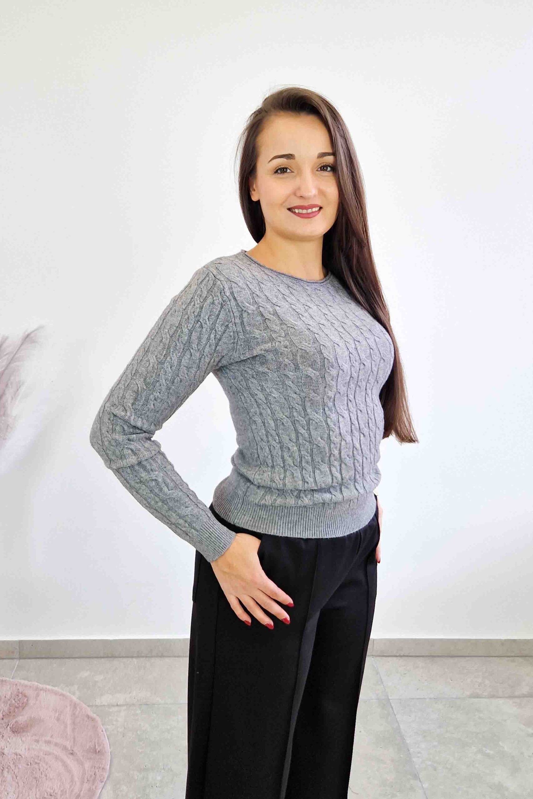 Sklep internetowy NeliNo Sweter Damski ze Splotem Warkocz Długi Rękaw Popielaty