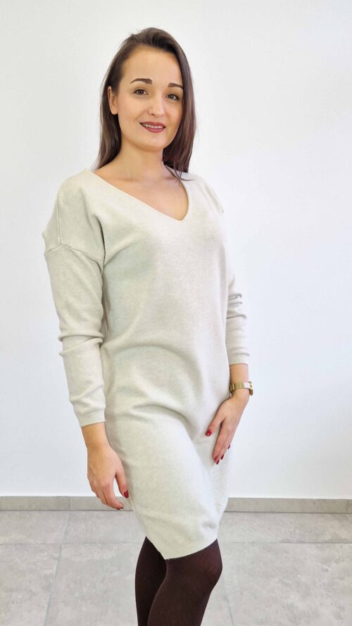 Sweterkowa Sukienka Midi z Dekoltem w Szpic Beżowa