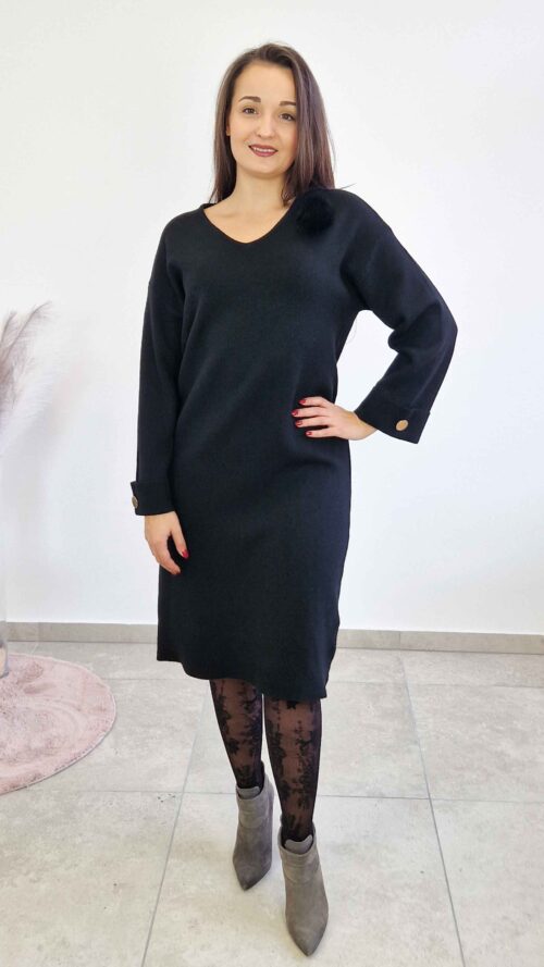 Sweterkowa Sukienka z Futerkową Broszą Czarna