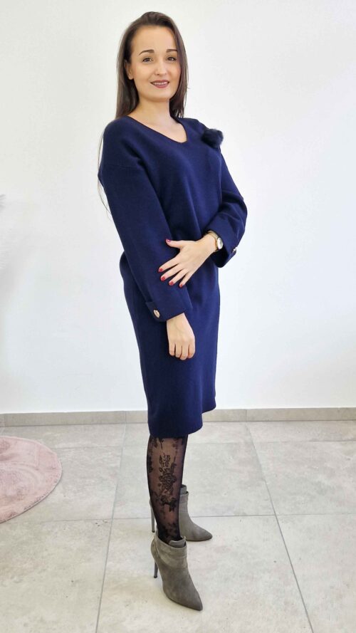 Sweterkowa Sukienka z Futerkową Broszą Granatowa