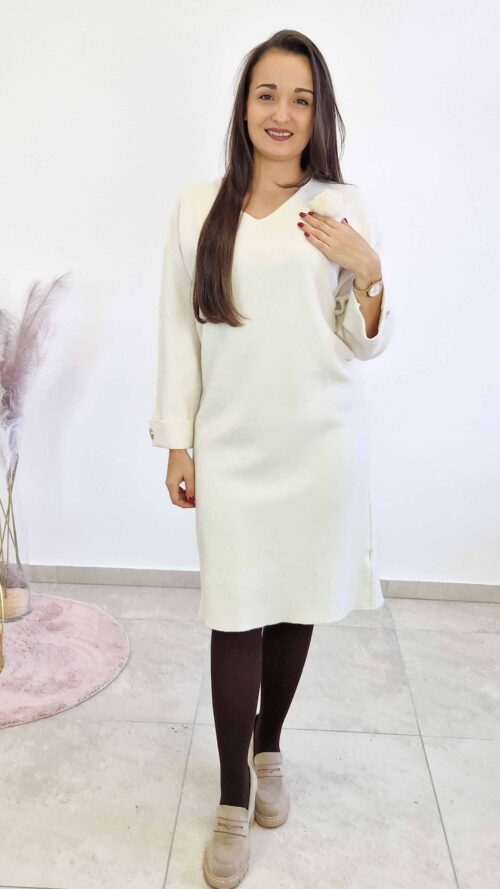 Sweterkowa Sukienka z Futerkową Broszą Kremowa