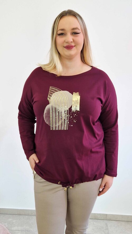 Wiązana Bluzka Damska z Nadrukiem Bordowa