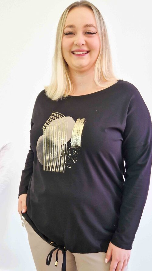 Wiązana Bluzka Damska z Nadrukiem Czarna