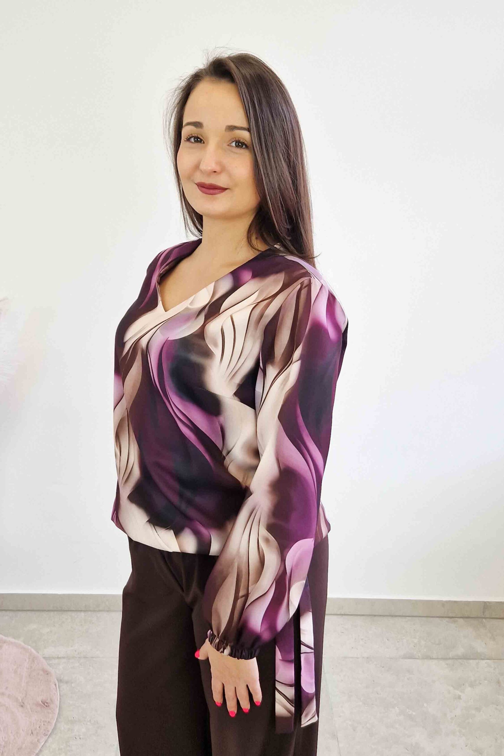 Wiązana Elegancka Bluzka we Wzory z Gumką