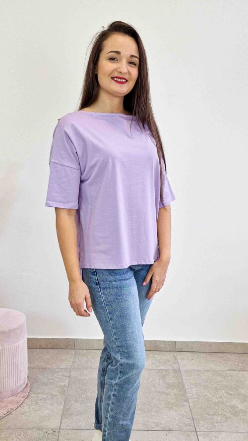 Asymetryczna Bluzka Damska z Krótkim Rękawem Liliowa