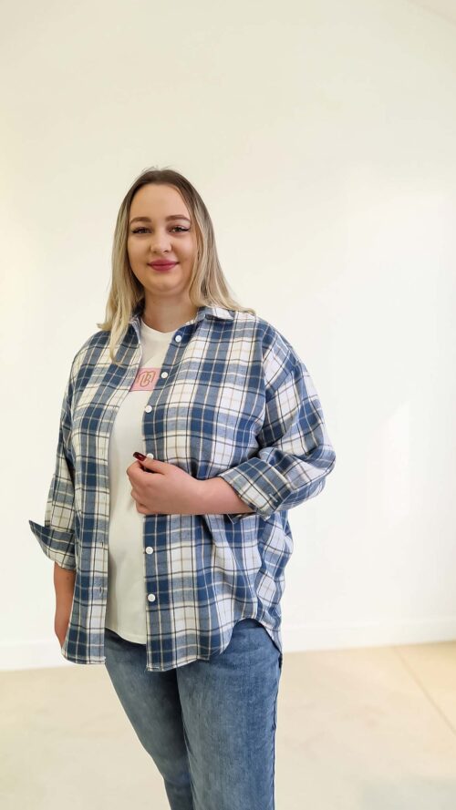 Asymetryczna Koszula Damska Oversize w Kratę Niebieska