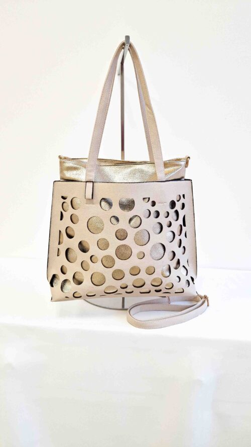 Beżowa Ażurowa Torebka Shopper ze Złotym Wkładem