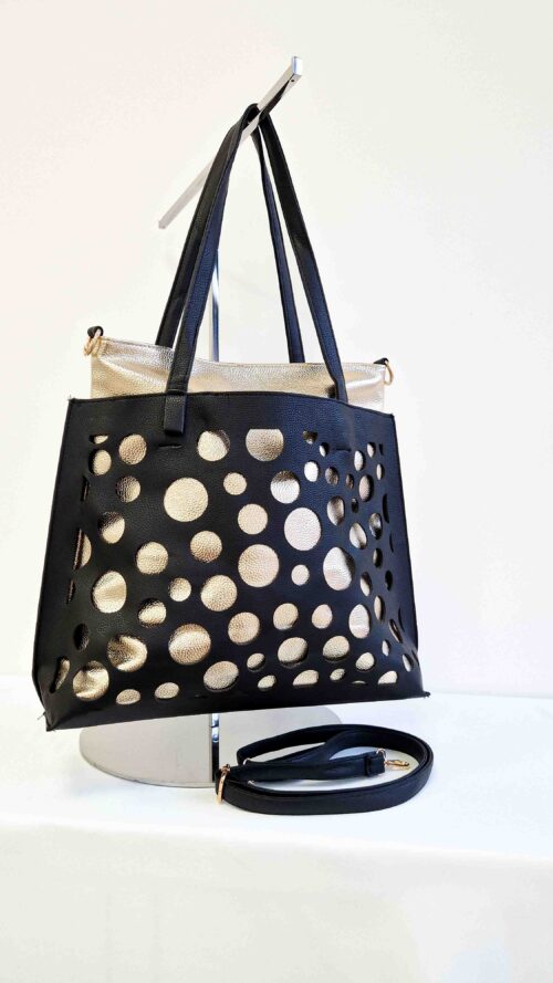 Czarna Ażurowa Torebka Shopper ze Złotym Wkładem