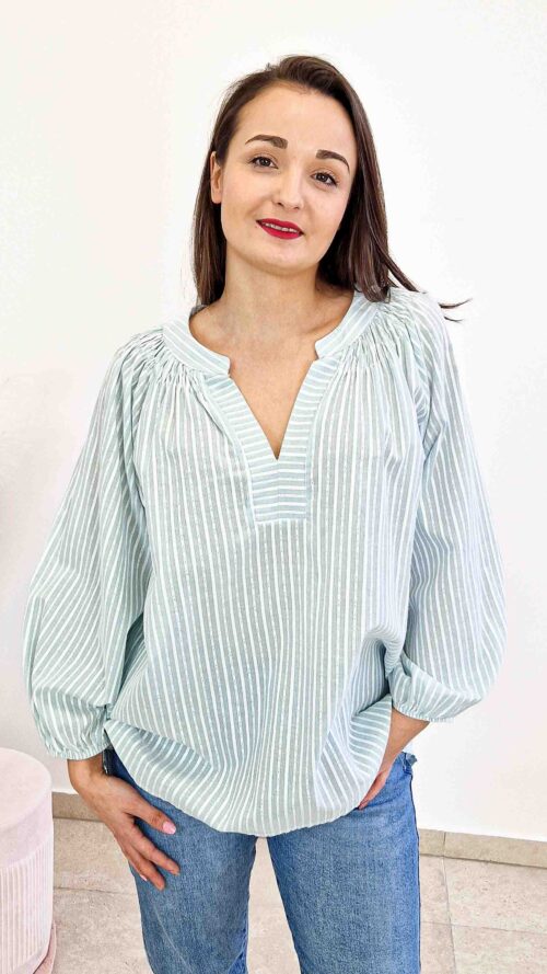 Bawełniana Bluzka Damska Oversize w Paski Miętowa