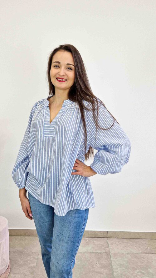 Bawełniana Bluzka Damska Oversize w Paski Niebieska