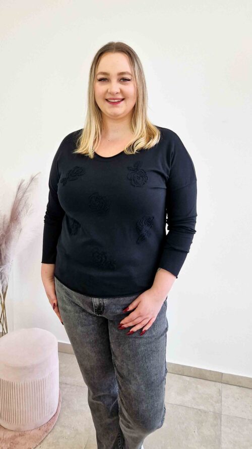 Bawełniana Bluzka Damska z Długim Rękawem i Różami 3D Czarna