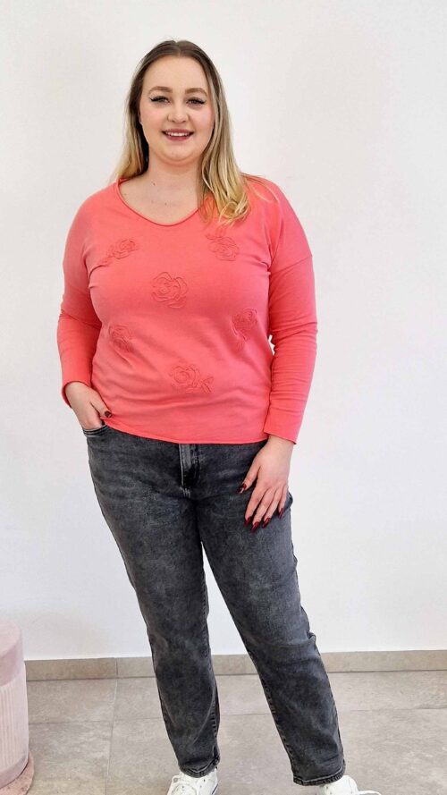 Bawełniana Bluzka Damska z Długim Rękawem i Różami 3D Łososiowa