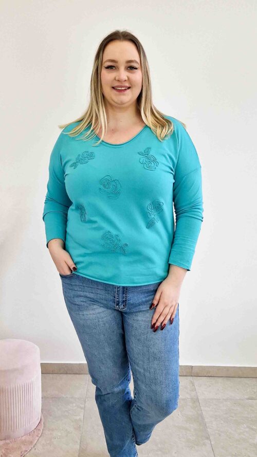 Bawełniana Bluzka Damska z Długim Rękawem i Różami 3D Turkusowa