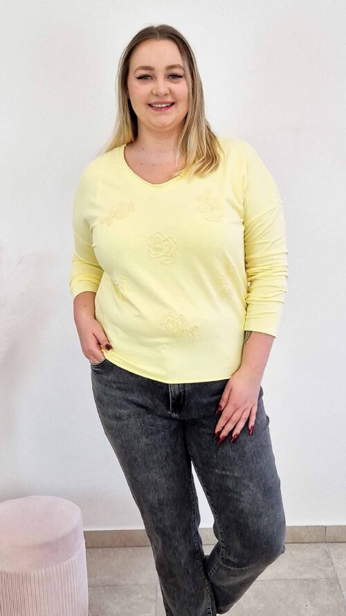 Bawełniana Bluzka Damska z Długim Rękawem i Różami 3D Żółta