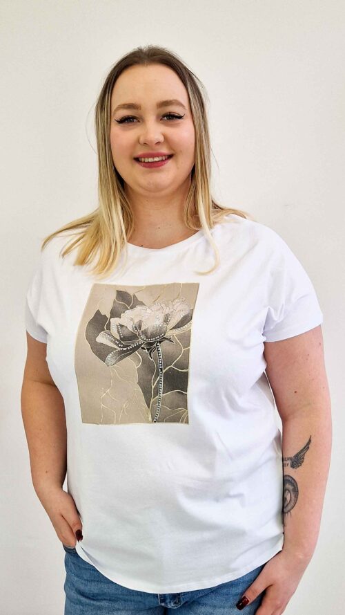 Bawełniana Bluzka Damska z Kwiatową Aplikacją Biała