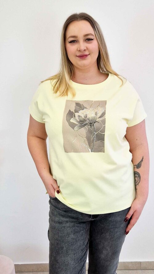 Bawełniana Bluzka Damska z Kwiatową Aplikacją Żółta