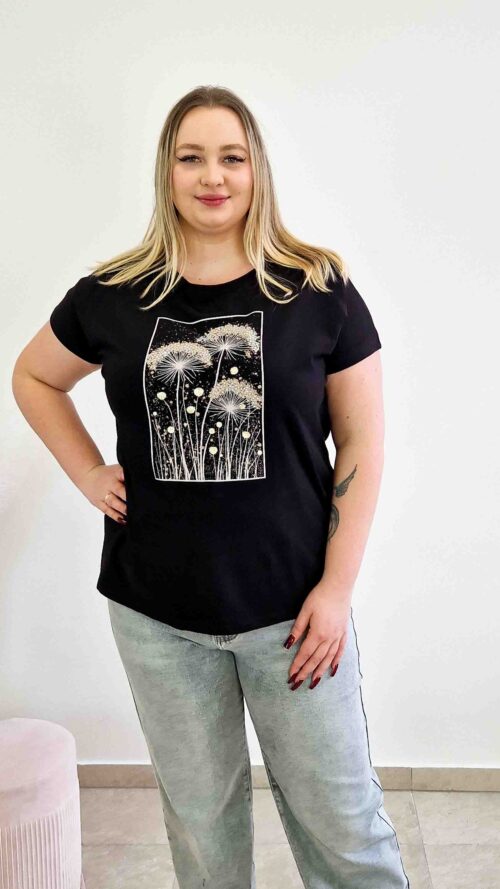 Bawełniana Bluzka Damska z Nadrukiem Dmuchawce Czarna