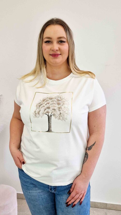 Bawełniana Bluzka Damska z Nadrukiem Drzewko Biała