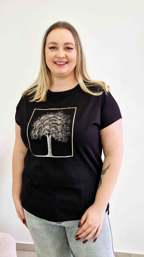 Bawełniana Bluzka Damska z Nadrukiem Drzewko Czarna