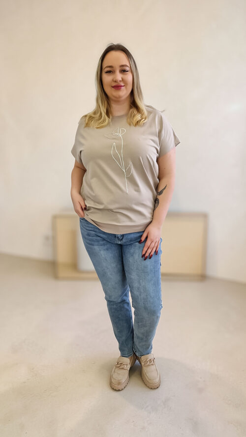 Bawełniana Bluzka Damska z Nadrukiem Tulipana Beżowa