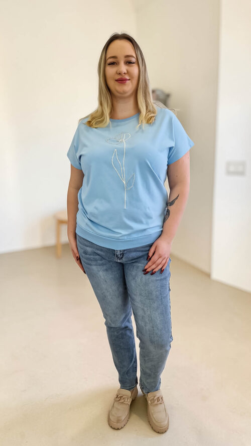 Bawełniana Bluzka Damska z Nadrukiem Tulipana Niebieska