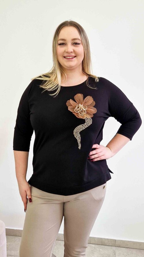 Bawełniana Bluzka Damska z Tiulowym Kwiatem Czarna