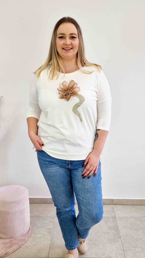 Bawełniana Bluzka Damska z Tiulowym Kwiatem Kremowa