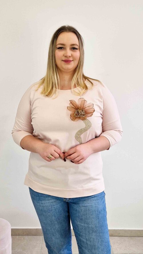Bawełniana Bluzka Damska z Tiulowym Kwiatem Pudrowy Róż