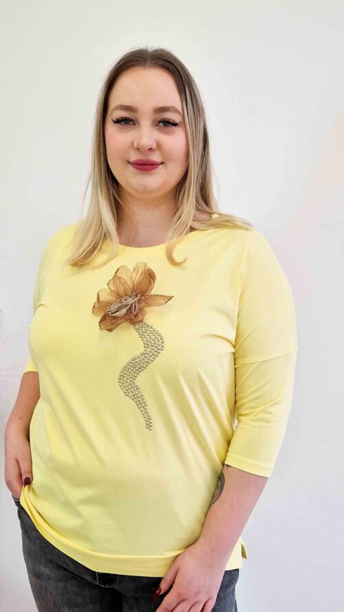 Bawełniana Bluzka Damska z Tiulowym Kwiatem Żółta