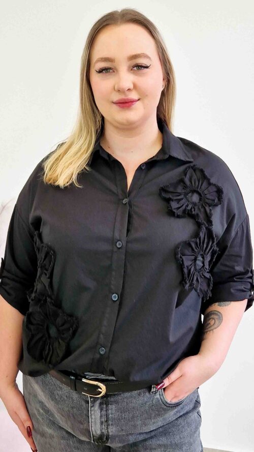 Bawełniana Koszula Damska Oversize z Kwiatami 3D Czarna