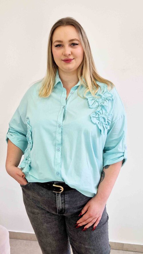 Bawełniana Koszula Damska Oversize z Kwiatami 3D Miętowa