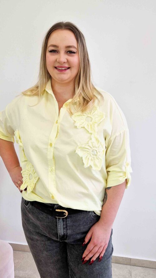 Bawełniana Koszula Damska Oversize z Kwiatami 3D Żółta