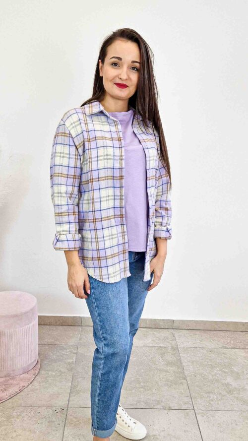 Bawełniana Koszula Damska w Kratę Liliowa