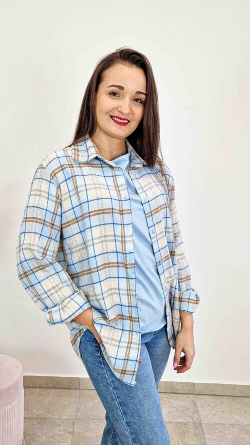Bawełniana Koszula Damska w Kratę Niebieska