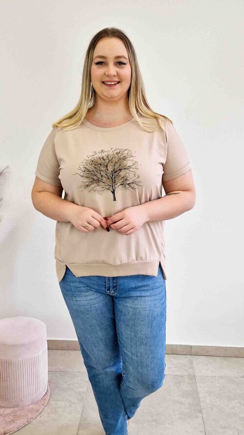 Bawełniana Luźna Bluzka Damska z Drzewem Beżowa