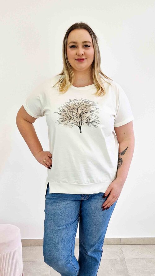 Bawełniana Luźna Bluzka Damska z Drzewem Biała