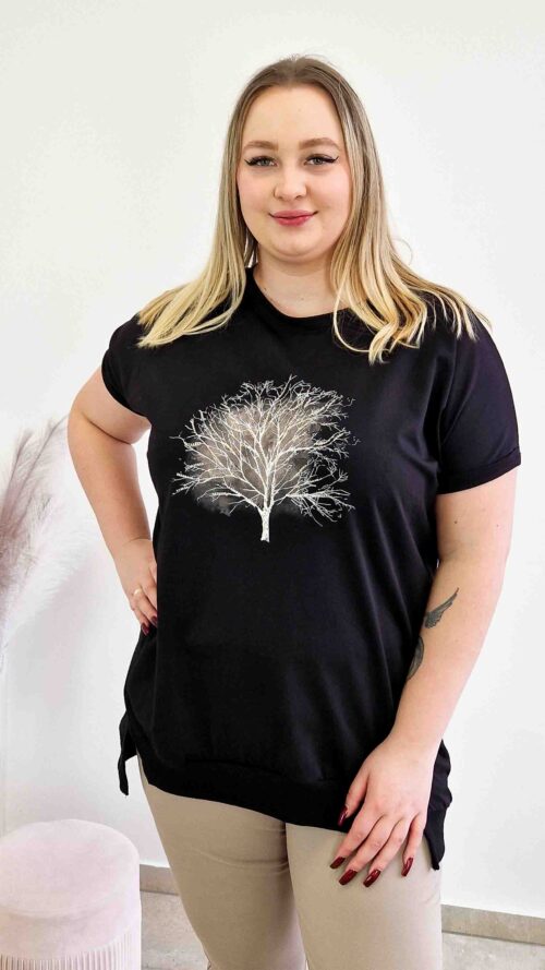 Bawełniana Luźna Bluzka Damska z Drzewem Czarna