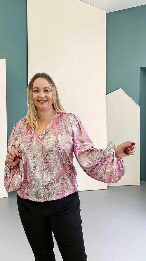 Bluzka Damska Atłas z Bufiastymi Rękawami Różowo-Beżowa