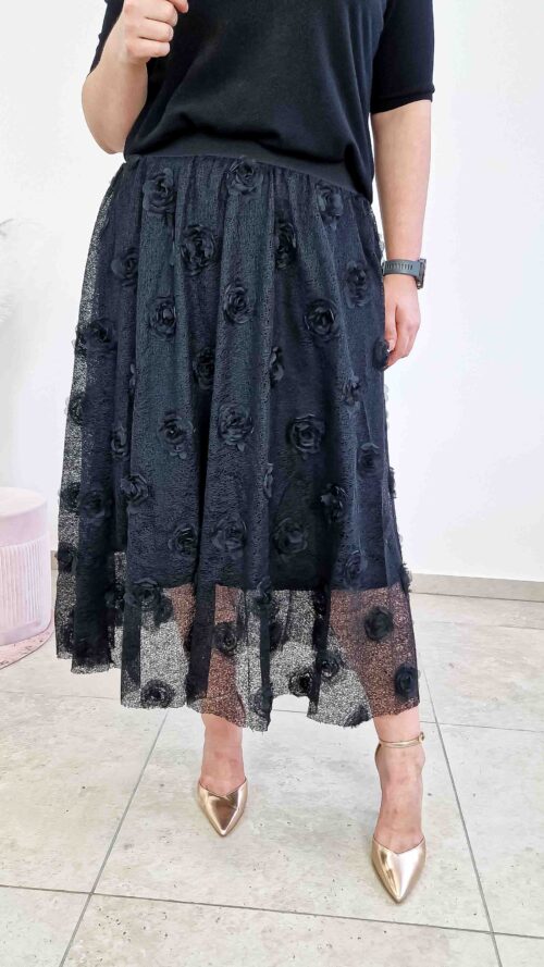 Długa Spódnica Maxi Siateczka Róże 3D Czarna