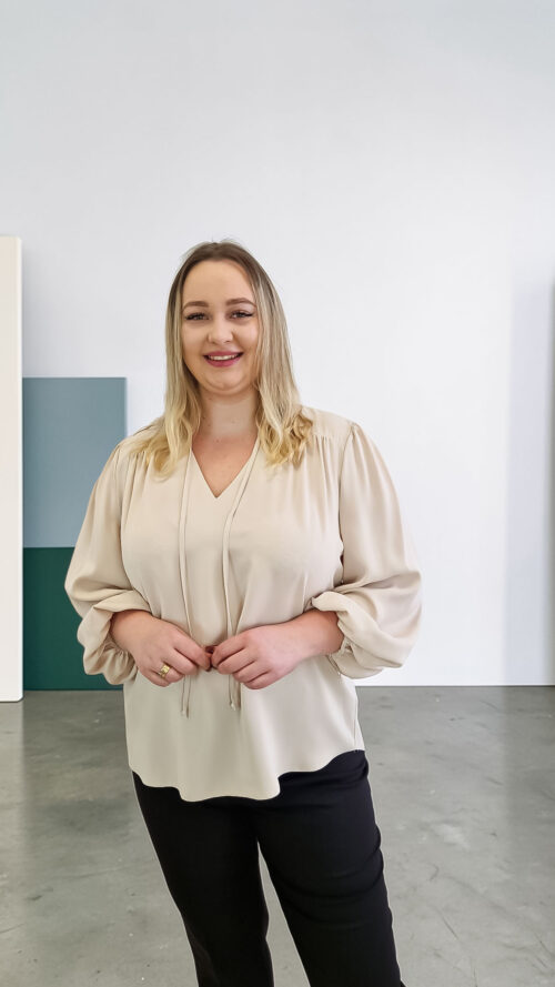 Elegancka Bluzka Damska z Wiązaniem i Bufiastymi Rękawami Beżowa