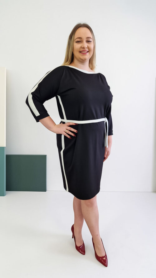 Czarna Elegancka Sukienka Wiązana w Pasie ze Srebrnym Lampasem
