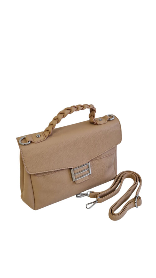 Elegancka Torebka z Plecioną Rączką i Klapą Beżowa