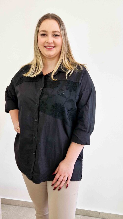 Koszula Oversize z Haftem Czarna