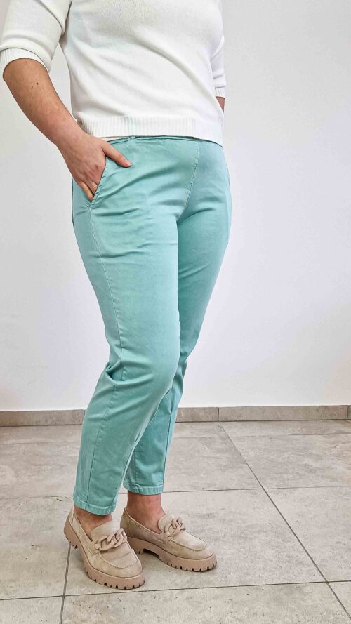 Materiałowe Spodnie Damskie Livans z Przeszyciami na Nogawce Turkus