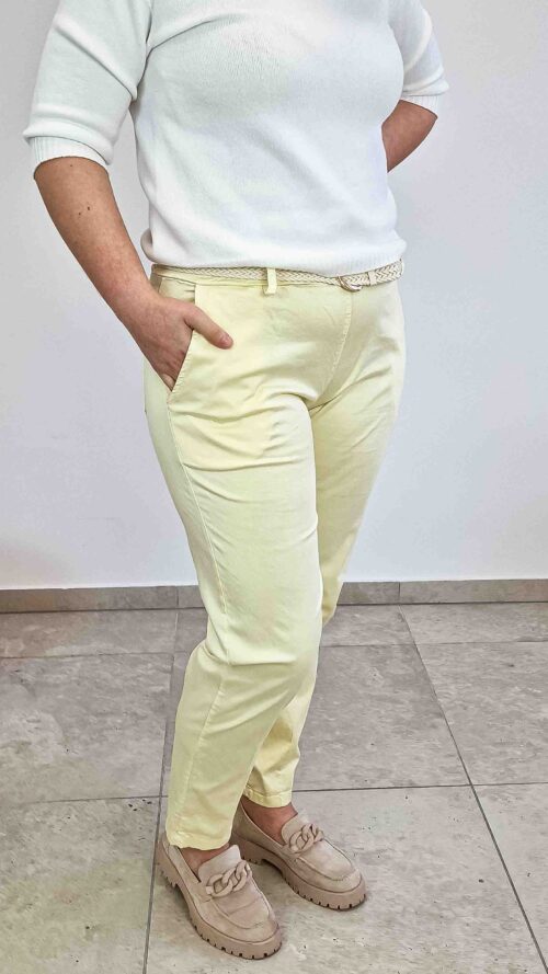 Materiałowe Spodnie Damskie Livans z Przeszyciami na Nogawce Żółte
