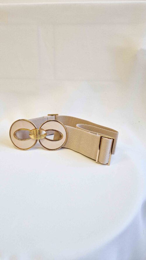 Elastyczny Szeroki Pasek Damski z Ozdobną Klamrą Owal Beżowy