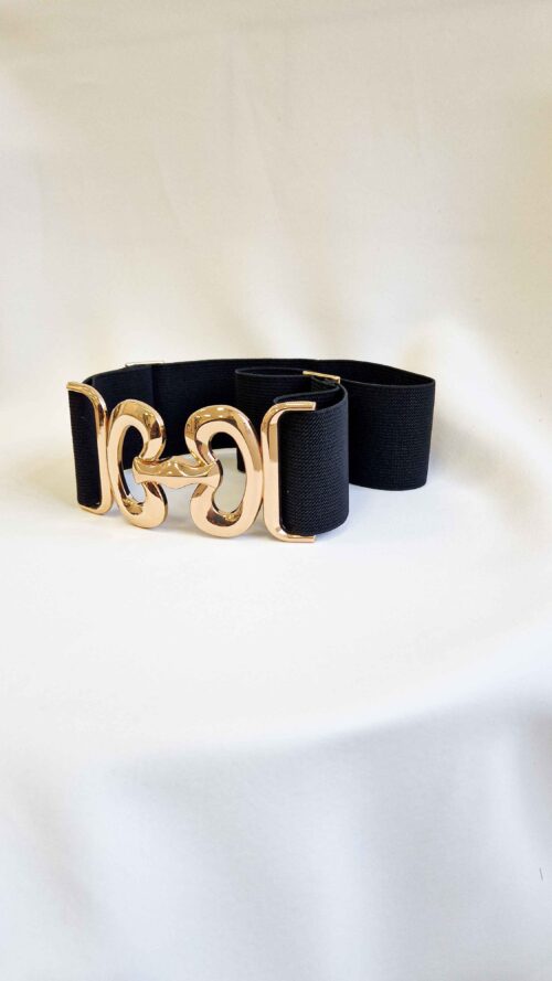 Elastyczny Szeroki Pasek Damski z Ozdobną Klamrą Nerka Czarny