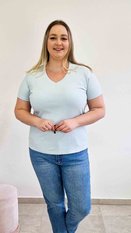 Prążkowana Bluzka Damska Basic z Dekoltem V Błękitna